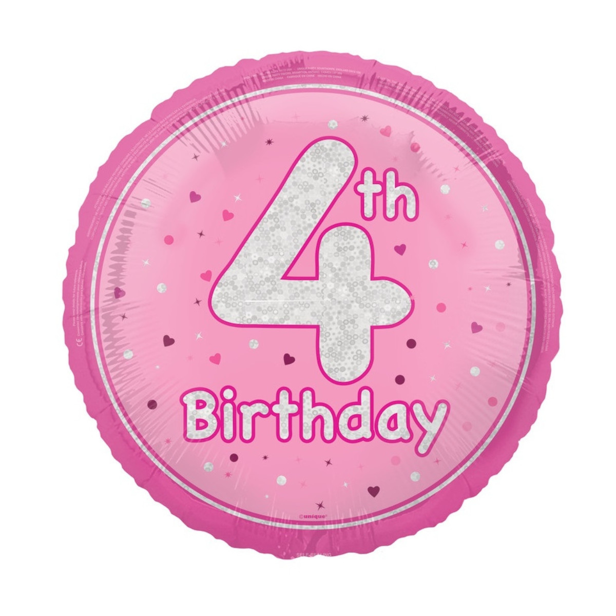 Pink Happy 4th Birthday Round Foil Balloon - Inflated