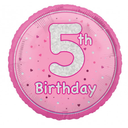 Pink Happy 5th Birthday Round Foil Balloon - Inflated