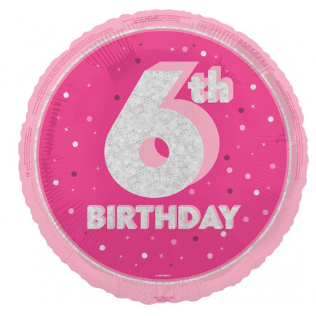 Pink Happy 6th Birthday Round Foil Balloon - Inflated