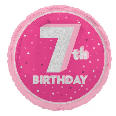 Pink Happy 7th Birthday Round Foil Balloon - Inflated