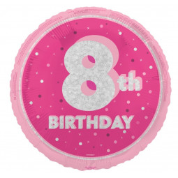 Pink Happy 8th Birthday Round Foil Balloon - Inflated
