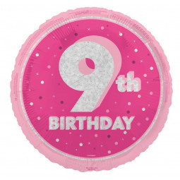 Pink Happy 9th Birthday Round Foil Balloon - Inflated