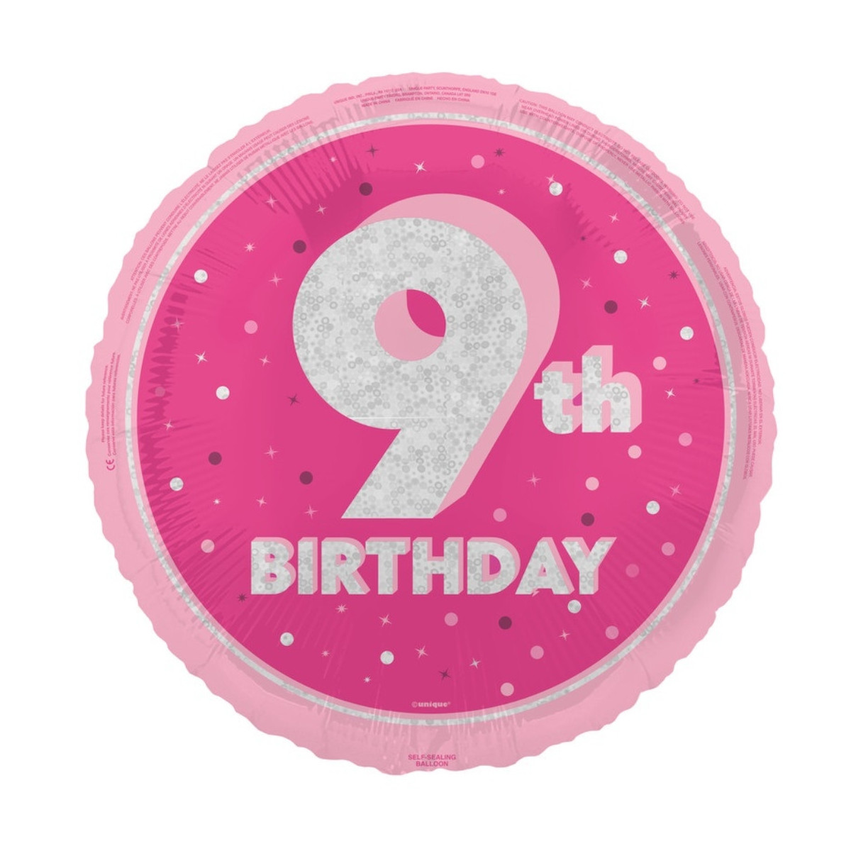 Pink Happy 9th Birthday Round Foil Balloon - Inflated