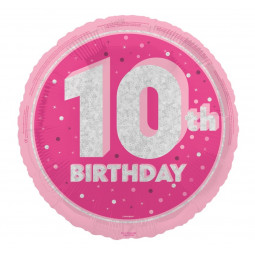 Pink Happy 10th Birthday Round Foil Balloon - Inflated