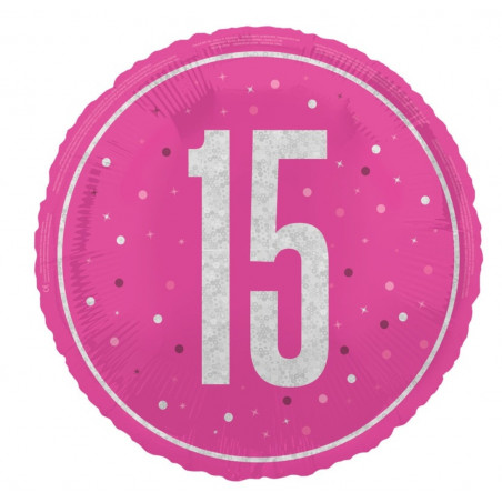 Pink Happy 15th Birthday Round Foil Balloon - Inflated