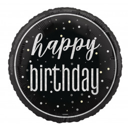 Black Happy Birthday Round Foil Balloon - Inflated