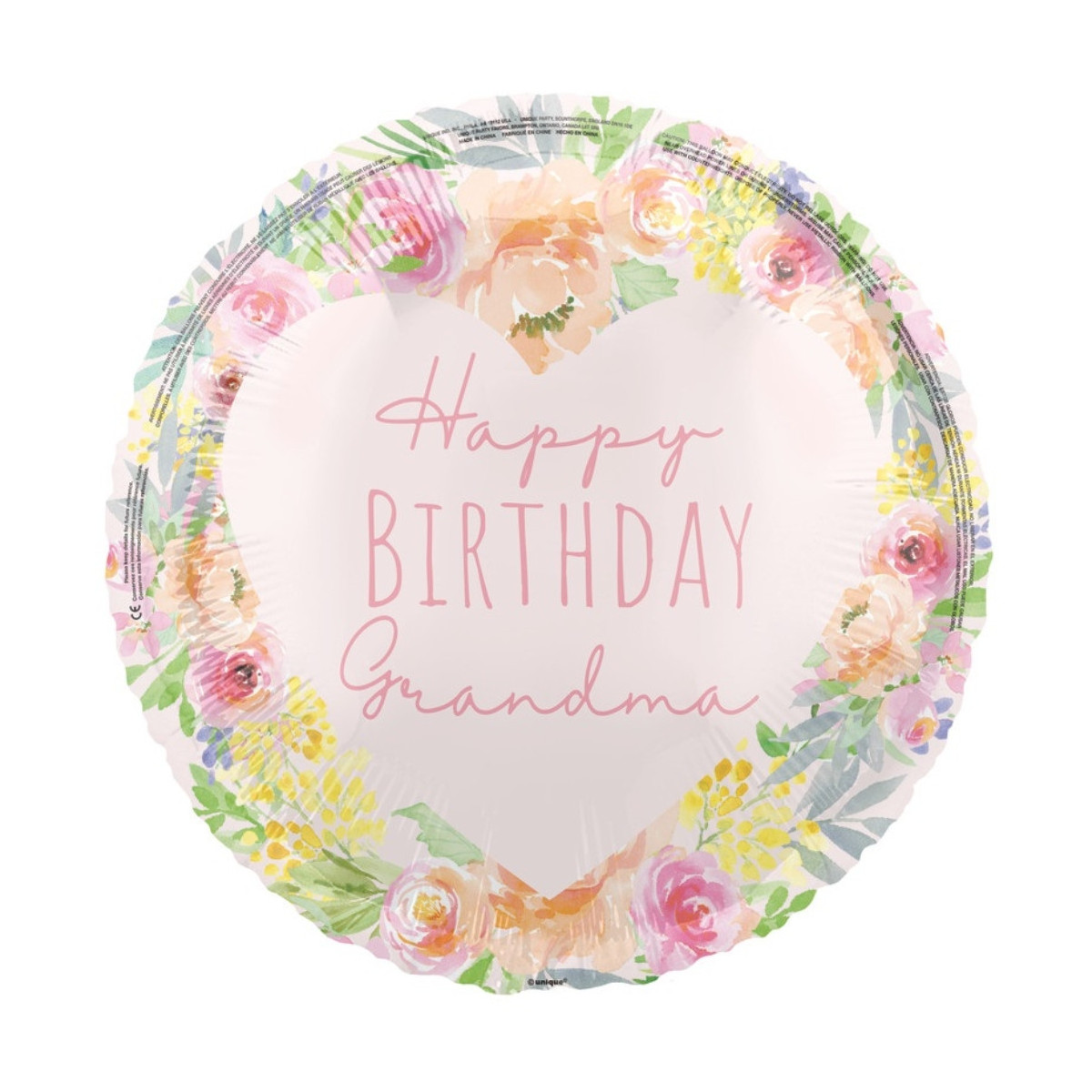 Pink Happy Birthday Grandma Round Foil Balloon - Inflated