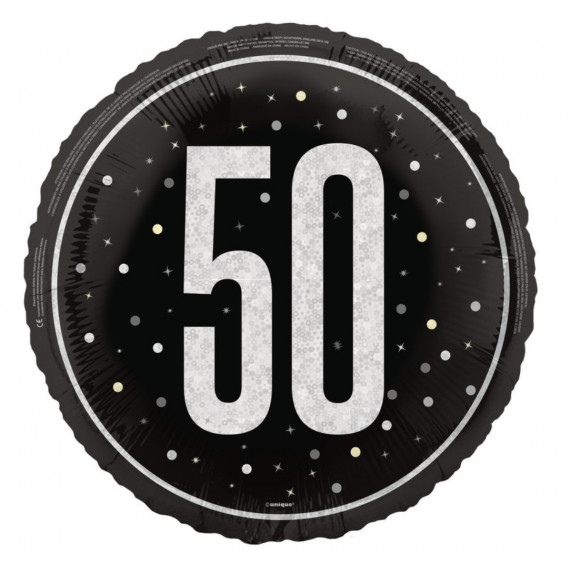 Black 50th Birthday Round Foil Balloon - Inflated