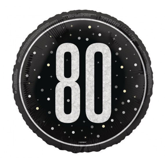 Black 80th Birthday Round Foil Balloon - Inflated