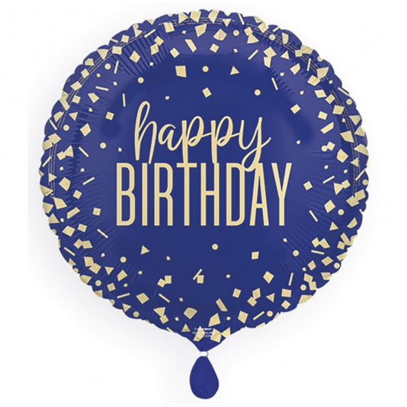 Navy Confetti Happy Birthday Round Foil Balloon - Inflated