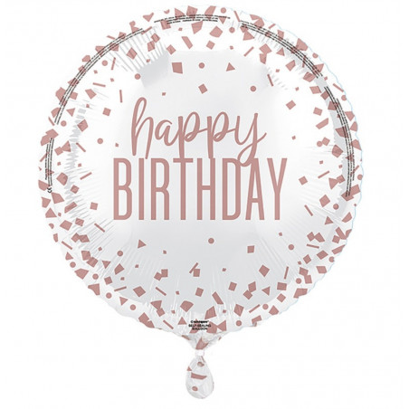 Rose Gold Confetti Happy Birthday Round Foil Balloon - Inflated