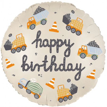 Construction Happy Birthday Round Foil Balloon - Inflated