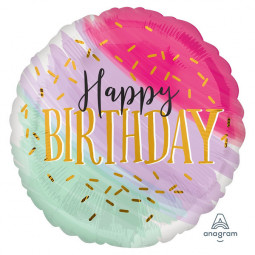Watercolour Happy Birthday Round Foil Balloon - Inflated