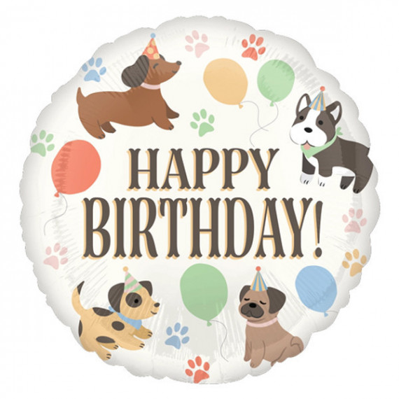 Puppies Happy Birthday Round Foil Balloon - Inflated