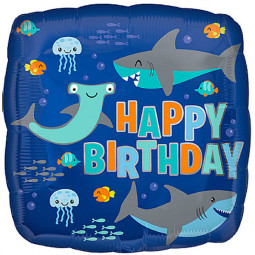 Happy Birthday Shark Square Foil Balloon - Inflated