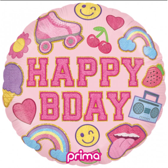 Happy Birthday Patches Round Foil Balloon - Inflated