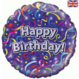 Happy Birthday Streamers Round Foil Balloon - Inflated