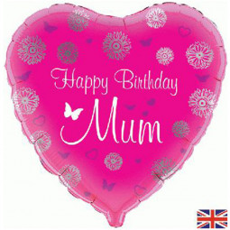 Pink Happy Birthday Mum Heart Foil Balloon - Inflated