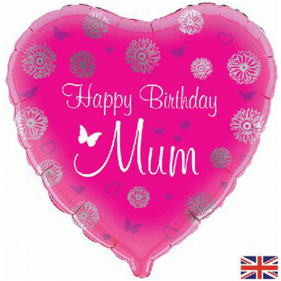 Pink Happy Birthday Mum Heart Foil Balloon - Inflated