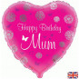 Pink Happy Birthday Mum Heart Foil Balloon - Inflated