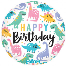 Colourful Dinosaur Happy Birthday Round Foil Balloon - Inflated