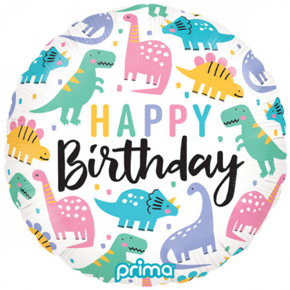 Colourful Dinosaur Happy Birthday Round Foil Balloon - Inflated