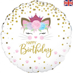 Happy Birthday Floral Kitten Round Foil Balloon - Inflated