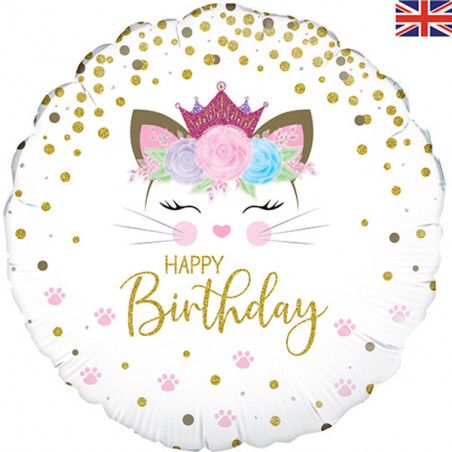 Happy Birthday Floral Kitten Round Foil Balloon - Inflated