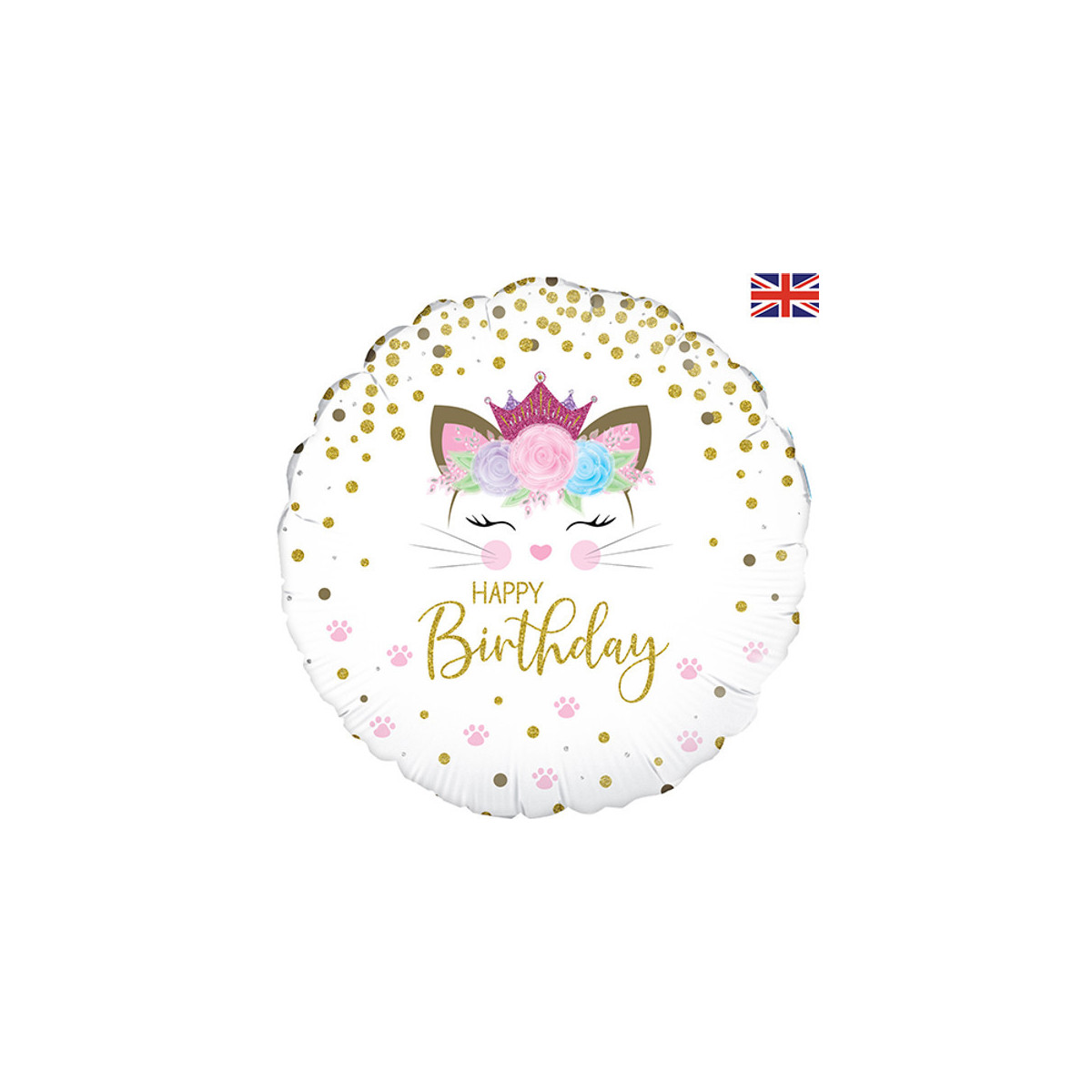 Happy Birthday Floral Kitten Round Foil Balloon - Inflated