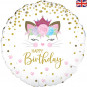 Happy Birthday Floral Kitten Round Foil Balloon - Inflated
