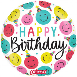 Smiley Faces Happy Birthday Round Foil Balloon - Inflated