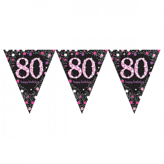 Pink and Black Happy 80th Birthday Plastic Bunting