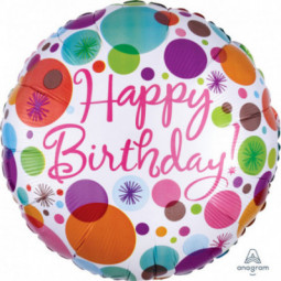 Happy Birthday Polka Dots Round Foil Balloon - Inflated