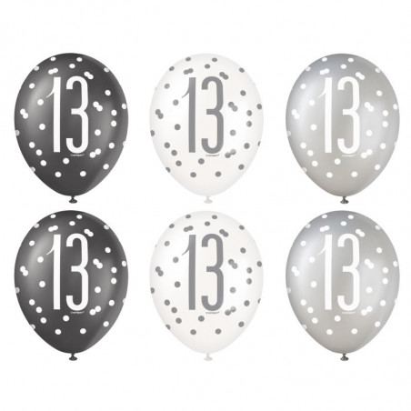 Black and Silver 13th Birthday Latex Balloons - Inflation Options