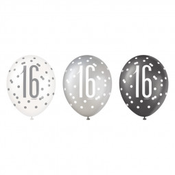 Black and Silver 16th Birthday Latex Balloons - Inflation Options