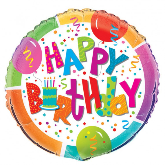 Colourful Happy Birthday Round Foil Balloon - Inflated