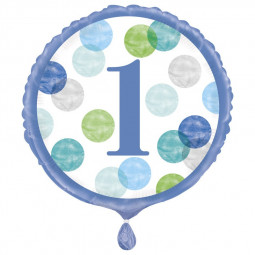 Blue Dots Happy 1st Birthday Round Foil Balloon - Inflated