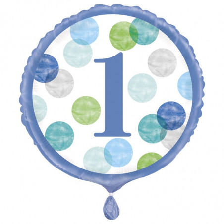 Blue Dots Happy 1st Birthday Round Foil Balloon - Inflated