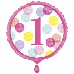 Pink Dots Happy 1st Birthday Round Foil Balloon - Inflated