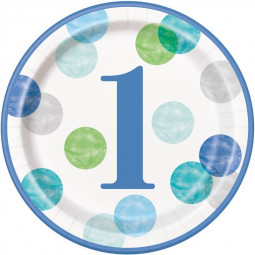 Blue Dots 1st Birthday Paper Plates - 8 Pack