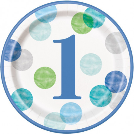 Blue Dots 1st Birthday Paper Plates - 8 Pack