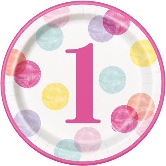 Pink Dots 1st Birthday Paper Plates - 8 Pack