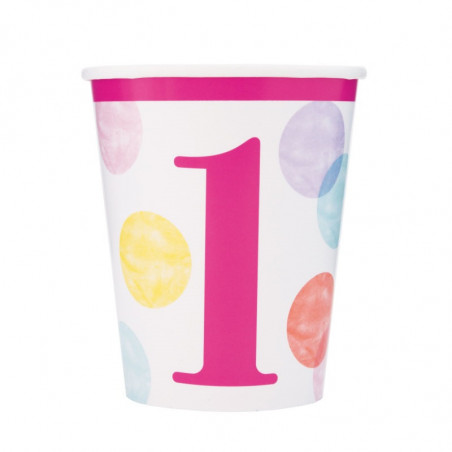 Pink Dots 1st Birthday Paper Cups - 8 Pack