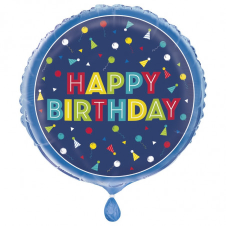 Blue Happy Birthday Round Foil Balloon - Inflated