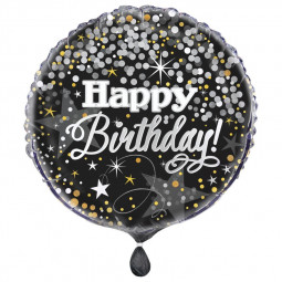 Black Happy Birthday Round Foil Balloon - Inflated