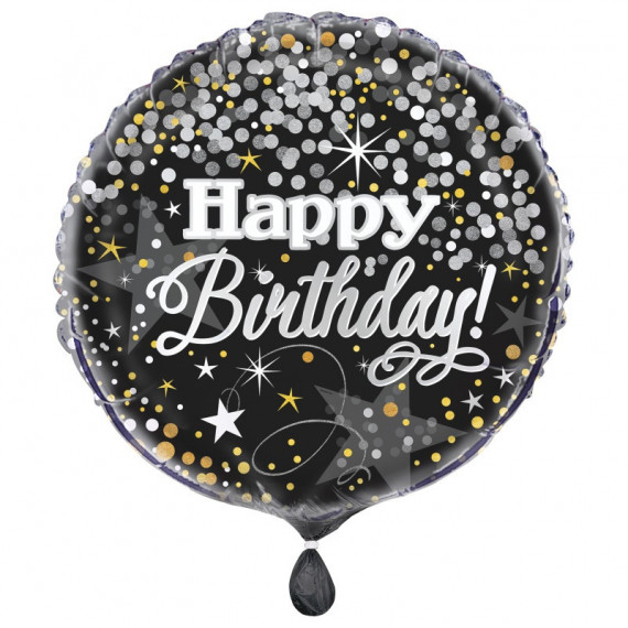 Black Happy Birthday Round Foil Balloon - Inflated