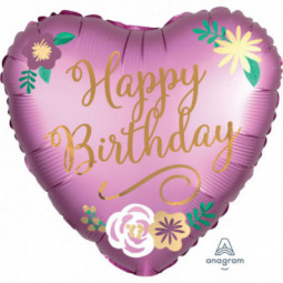Happy Birthday Flower Heart Foil Balloon - Inflated