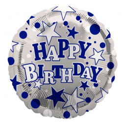 Silver and Blue Happy Birthday Round Foil Balloon - Inflated
