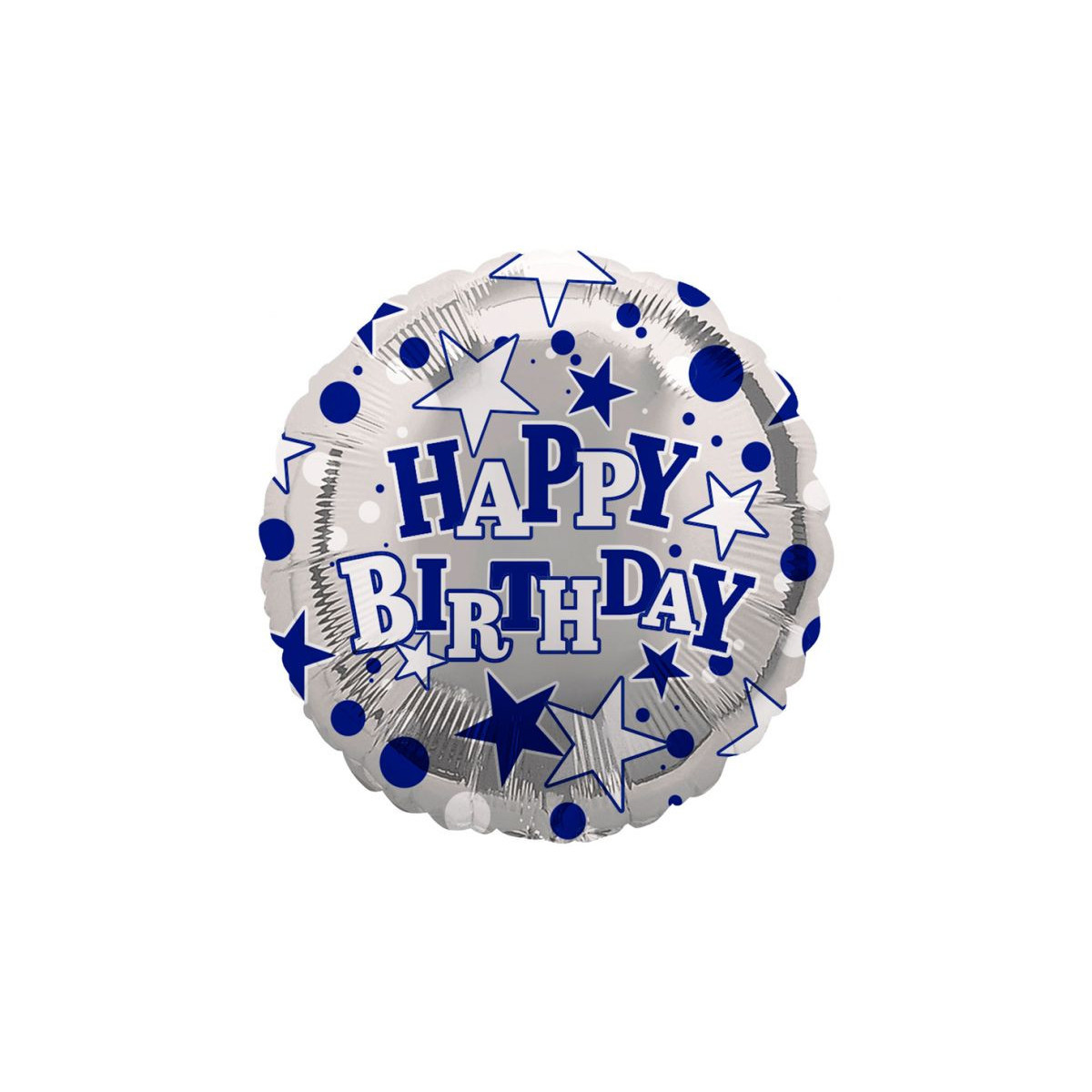 Silver and Blue Happy Birthday Round Foil Balloon - Inflated