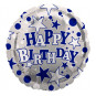 Silver and Blue Happy Birthday Round Foil Balloon - Inflated